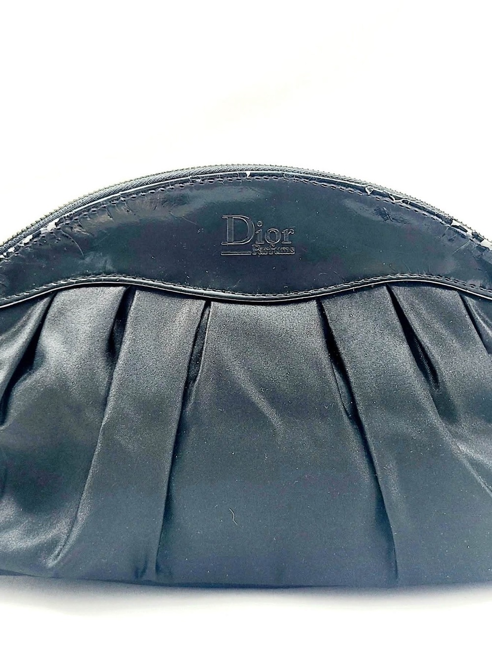 Dior Black Satin Pleated Cosmetic Pouch with Embossed Logo
